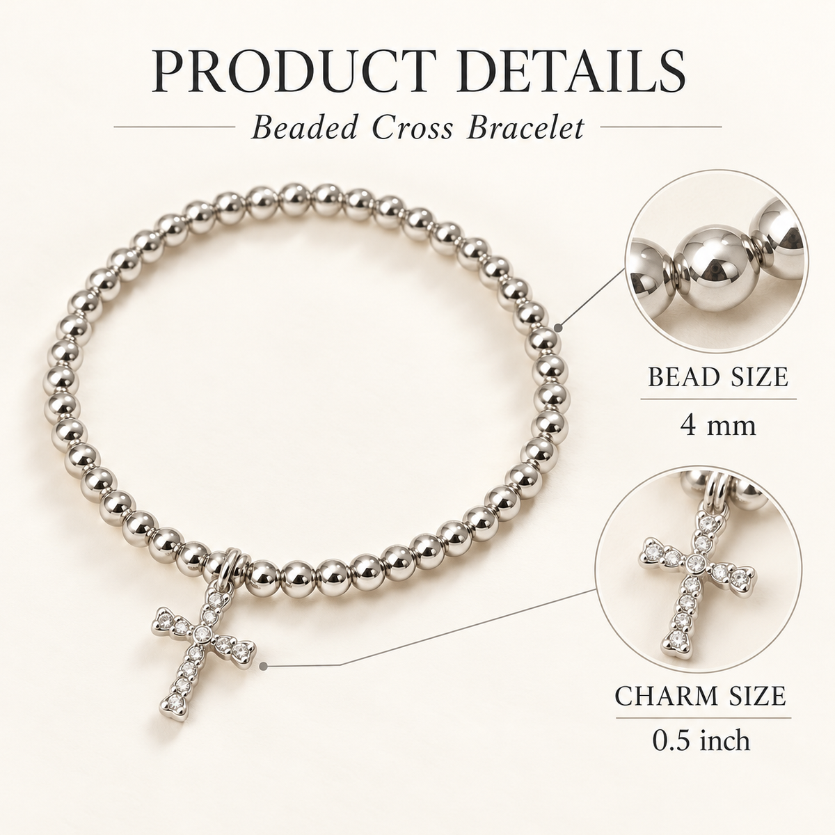 Silver-Tone Beaded (Stretch) Cross-Charm Bracelet