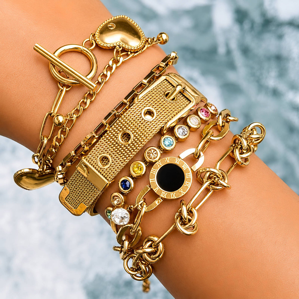 Gold Herringbone Bracelet with Multicolor Stones