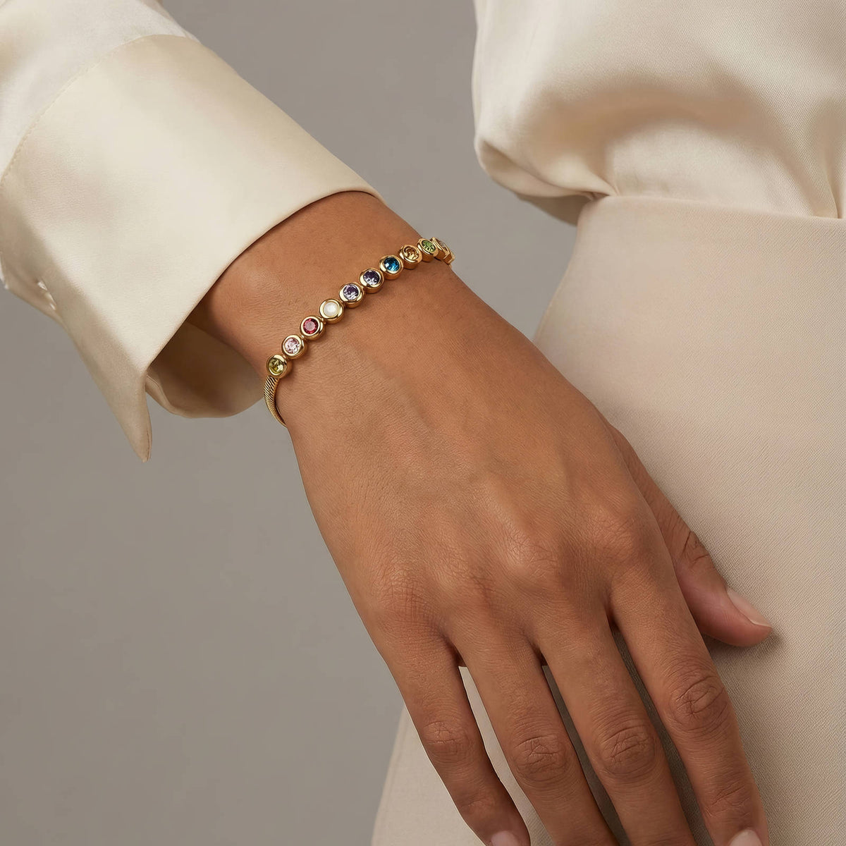 Gold Herringbone Bracelet with Multicolor Stones
