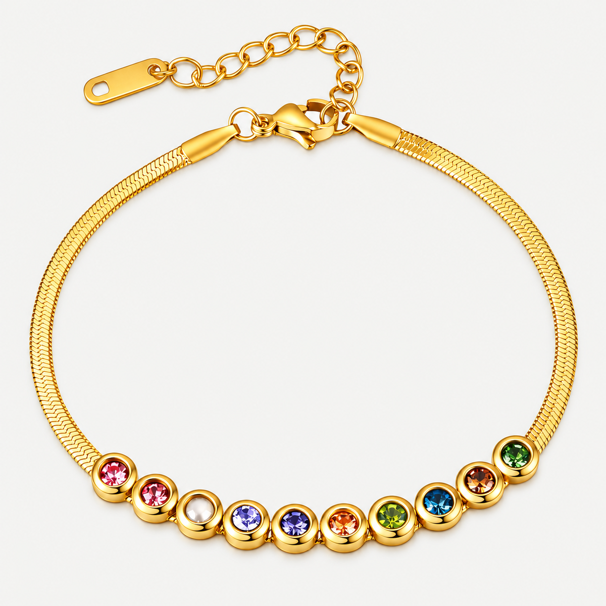 Gold Herringbone Bracelet with Multicolor Stones