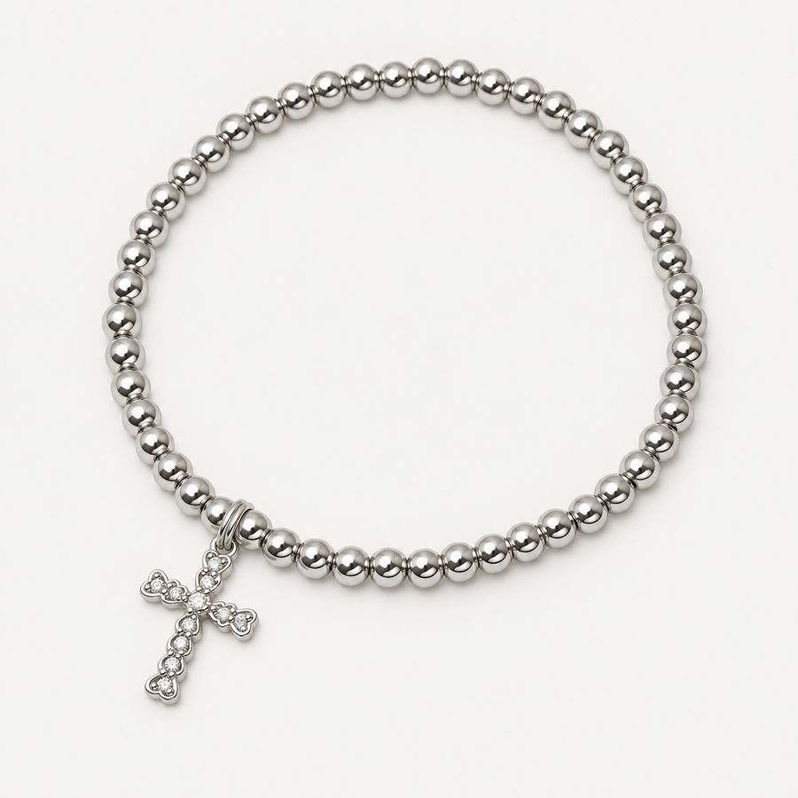 Silver-Tone Beaded (Stretch) Cross-Charm Bracelet