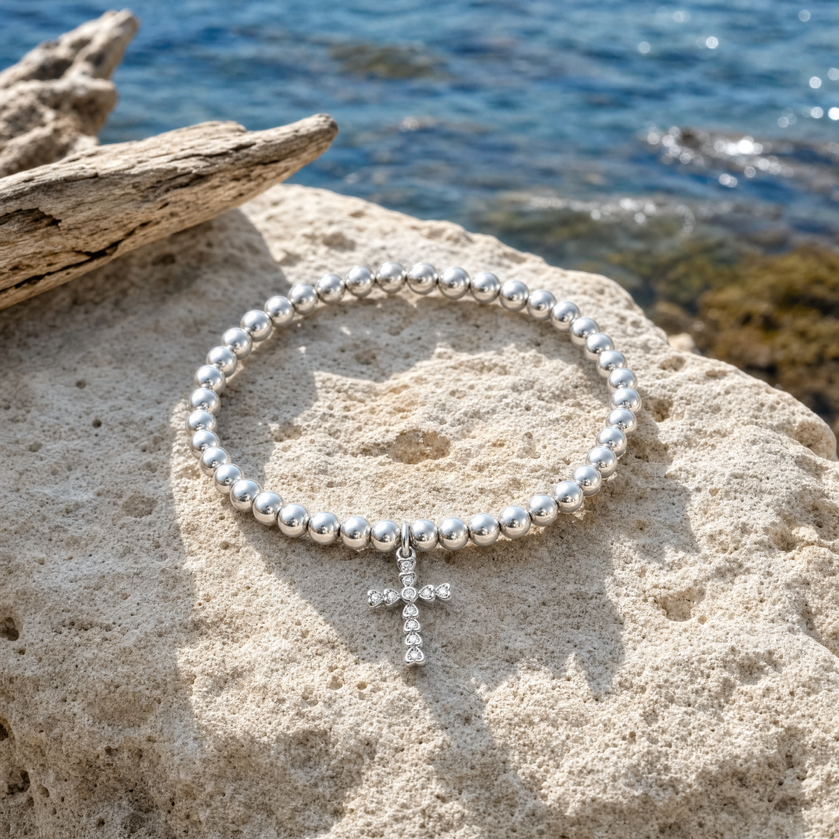 Silver-Tone Beaded (Stretch) Cross-Charm Bracelet
